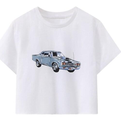 Oversize Girls Soft Cotton O Neck T-shirt 2021 Summer Fashion Ladies Office Loose Women Retro Racing Flag Print White Short Top