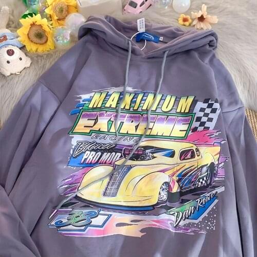 90s Punk Style Dark Gray Cars Graphic Hoodies Oversized Sweatshirt Clothes for Teens 2021 Autumn New Casual Streetwear Fashion
