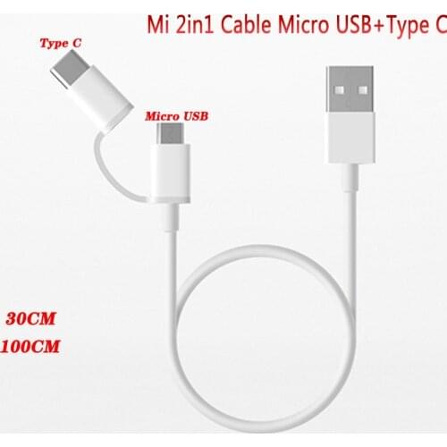 Original Xiaomi Mi Fast Charger Cable 2in1 Micro USB + USB Type-C Quick Charge Cable For Redmi 8T 8A Note 7 8 Pro Mi 10 9 Pro A3