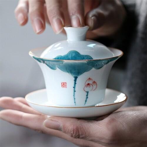 Ceramic Kung Fu Gaiwan Tea Bowl with Lid Saucer Set Hand-painted Lotus Teapot Office Master Cup Tea Tureen Teaware Drinkware