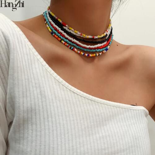 HangZhi 2020 New 7pcs/set Boho Colorful Resin Seeds Beads Necklaces Clavicle Choker Collars for Women Party Jewelry Fashion