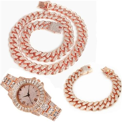 3pcs Kit 12MM Hip Hop Iced Out Paved Rhinestones Full Miami Cuban CZ Rapper Necklace+Watch+Bracelet For Men Women Jewelry