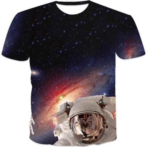 Summer new best-selling oversized loose mens T-shirt short-sleeved space exploration printing O-neck mens T-shirt