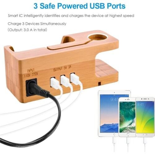 3 in 1 Multifunction Charger Mount Bamboo Charger Stand 3 USB Output Port For Samsung Xiaomi iPhone Charge Dock for Apple Watch