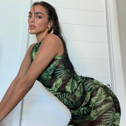 Fashion Print Mesh See Through Midi Dress Women Club Party Summer Holiday Sexy Sleeveless Bodycon Dresses Vestido
