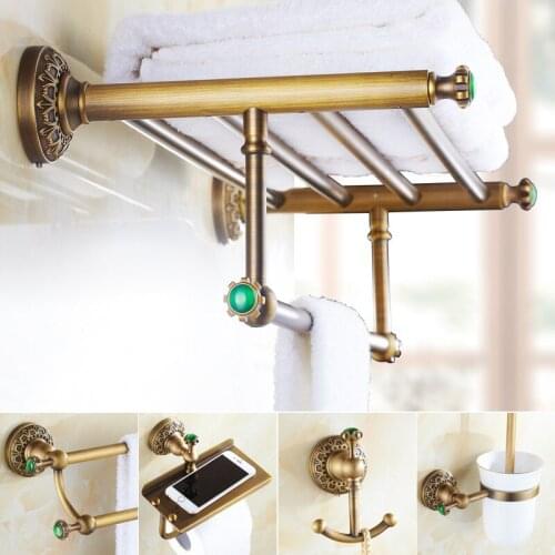 Emerald Antique Brass Green Stone Bathroom Hardware Set Carved Brushed Bathroom Hardware Accessories Set