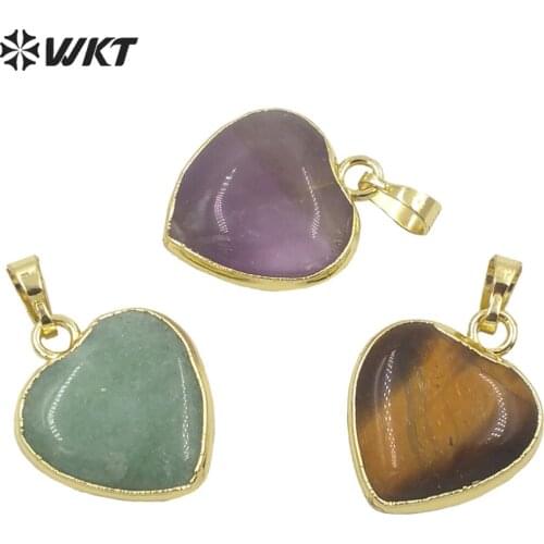 WT-P1700 Wholesale Lady Lovely Natural gemstone Small Heart pendant gold electroplated rose quartz 20mm gold stone heart charms
