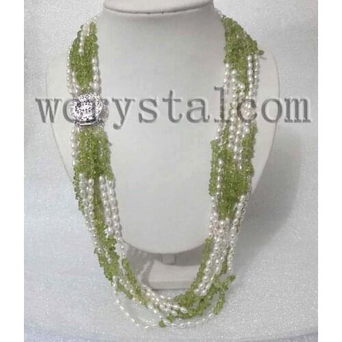 8 Strand White Pearls Peridot Chip Necklace 26"