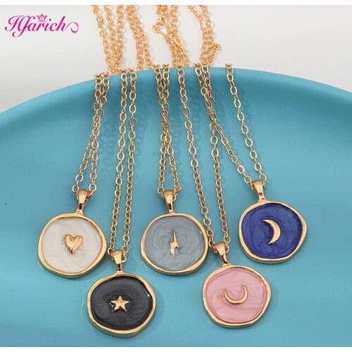 Korean Fashion Round Heart Lightning Delicate Necklace Simple Harajuku Sweet Cute Moon Star Heart Enamel Necklace for Women