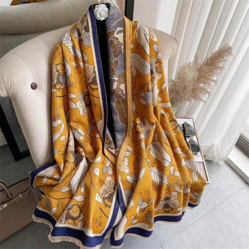 Pashmina Scarf Women Cashmere Winter Warm Doubel-sided Blanket Leaf Floral Print Wraps Thick Shawl Female Hijab Stoles New