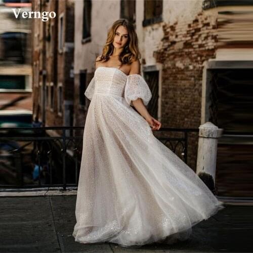 Verngo Glitter Wedding Dress 2021 Strapless Puff Short Sleeves Bridal Dresses Bowknot Back Country Bride Formal Party Gowns