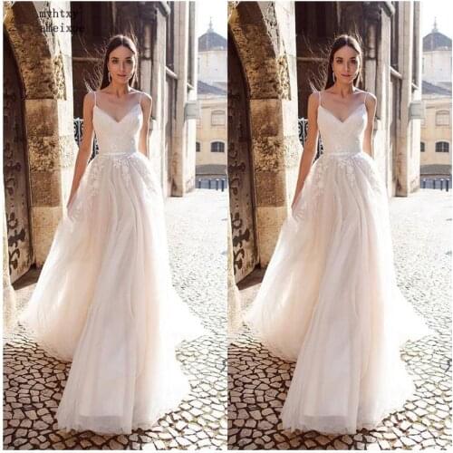 A Line Organza Cheap Wedding Dress 2020 Vestido De Noiva Princess Bridal Dress Backless Spaghetti Straps Beach Wedding Dresses
