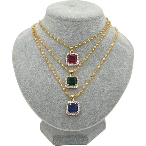 24k Gold Cubic Zircon Square Shaped Pendant Jewelry Round Red Blue Green Rhinestone Pendant Necklace for Women Girls Wedding