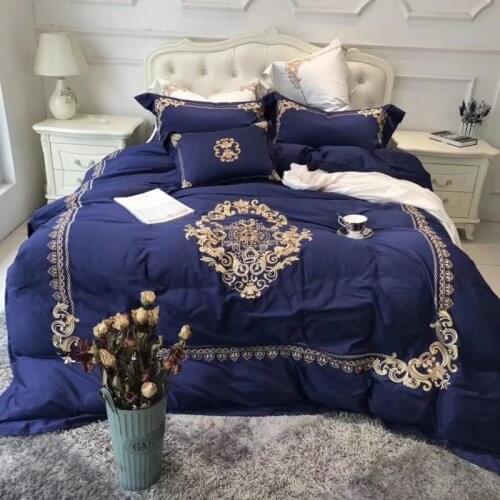 Luxury Egyptian cotton Queen King Bedding sets Oriental Golden Embroidery Duvet Cover Bed sheets set Pillowcase 4pcs White Blue