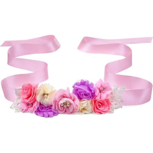 Pink Flower Girl Sash Belt for Kids Women Maternity Waistband Rhinestone Flowers Lace Ribbon Bridal Wedding Dress Waist Belt