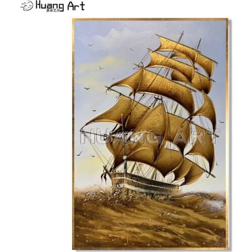 Hand-painted Modern Gold Sail Oil Painting on Canvas for Living Room Decor Handmade Sailboat Sea Landscape Texture Painting