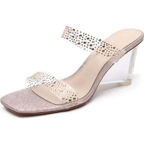 Women sandals PU Sequined Cloth Slip On 6CM Thick heel High heels Square Toe Bling Shallow sandal women shoes 2020 size 35-42