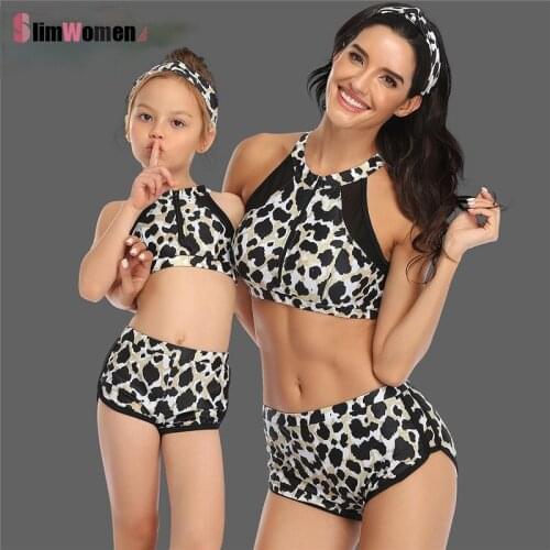 T Beach Family Swimsuit Leopard Neon Hot 2021 Summer Kids and Moms Swimwear Swimsuit Women Baby Girl Cute Bikini Set Bathing Sui