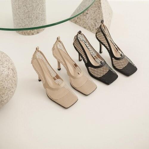 CIALISA Shoes Apricot Women Mesh Ankle Strap Stilettos High Heel Summer Sandals Party Pumps Fashion Square Toe women Sandals