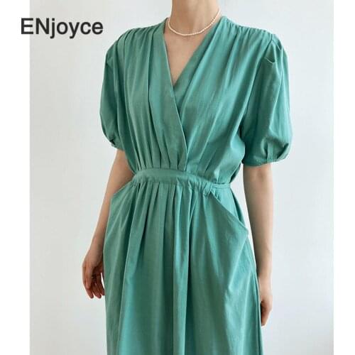 Vintage Green V-Neck Maxi Dress Summer Boho Elegant Puff Sleeve Korean Style Fashion Cotton Linen High Drawstring Waist Dresses