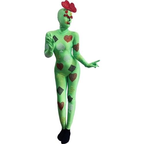 Green Personality Performance Ladies Rhinestones Printing Jumpsuits Decorative Headgear Halloween Costume Nightclub Show Wear