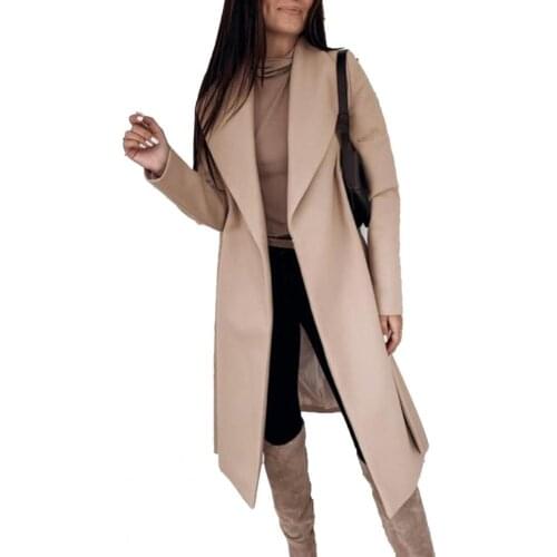 Womens windbreaker/Coat Autumn Winter Belt Large Lapel Waist Tied Long Coat Oversize Womens jacket for Office