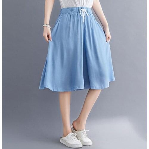 Women Summer Loose Casual Wide Leg Pants New 2021 Simple Style Elastic Waist Knee Length Female Lmitation Denim Pants S3735