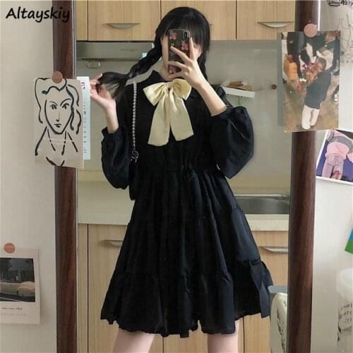 Dresses Women Autumn Bow Students College Preppy Korean Style Lantern Sleeve A-line Knee-length Kawaii Comfortable Ulzzang New
