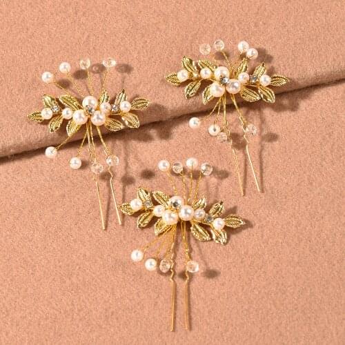 Gold Leaf Hair Pins Bridal Clips Flower Wedding Headpiece Handmade Women Hair Accessories Pearls Crystal Tiaras Jewelry