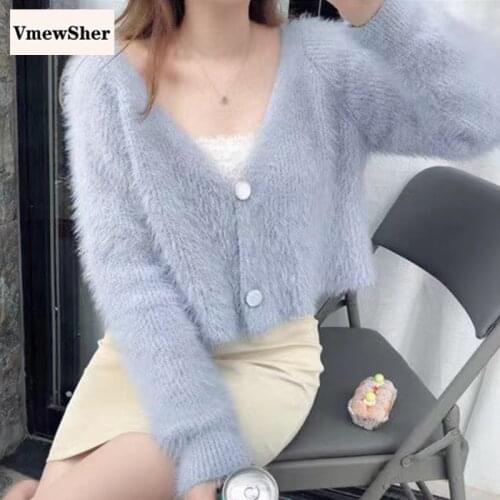 VmewSher New Chic Women Knit Velvet Sweater Coat Mohair V-Neck Cardigan Autumn Faux Mink Fur Velvet Long-sleeve High Waist Tops