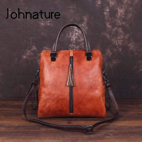 Johnature Retro Women Cow Leather Backpack 2020 New Leisure First Layer Cowhide Shoulder Bag Solid Color Handmade Mini Bag Pack