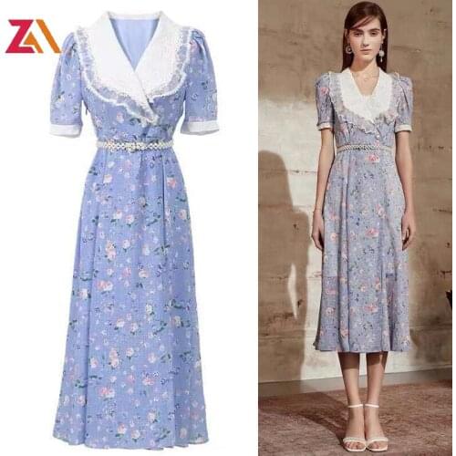 ZALady designer runway midi dresses for women elegant floral summer short sleeve traf luxury lace blue office party dress female