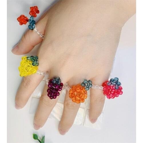 2021 Candy Color Crystal Beaded Resin Rings for Women Korean Transparent Fruit Adjustable Ring Fashion Vintage Geometric Ring
