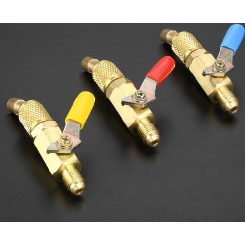 3Pc Angled Ball Valve 1/4" SAE Swivel Adapter For A/C R134A R410A Refrigerant Charging Hoses Tools Air Conditioning Valve Copper