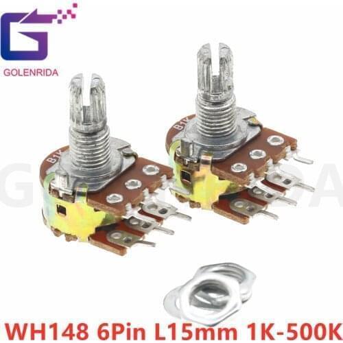 30pcs B1K B2K B5K B10K B20K B50K B100K B500K L15MM 6Pin Shaft WH148 Amplifier Dual Stereo Potentiometer 1K 2K 5K 10K 50K 100K