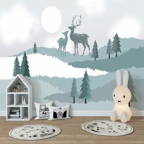 Custom Wallpaper 3D Wall Covering For Walls Blue Cute Elk Mountains Landscape Tree Bedroom Living Room TV Background Mural Decor