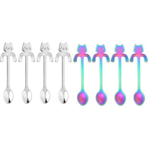 Cute cat shape cafe, tea, sugar and cake 4 x stainless steel spoons