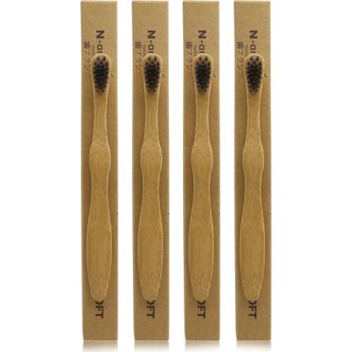 4 Pieces Child 100% Black Charcoal Bamboo Toothbrush Novelty Bamboo soft-bristle Capitellum Bamboo Fibre Wooden Handle