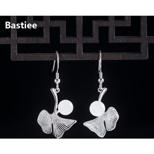 Bastiee Gingko Leaf Jade Beads Drop Silver Earrings 925 Women Jewelry Vintage Dangle Earings Ethnic Handmade Chinese Antique