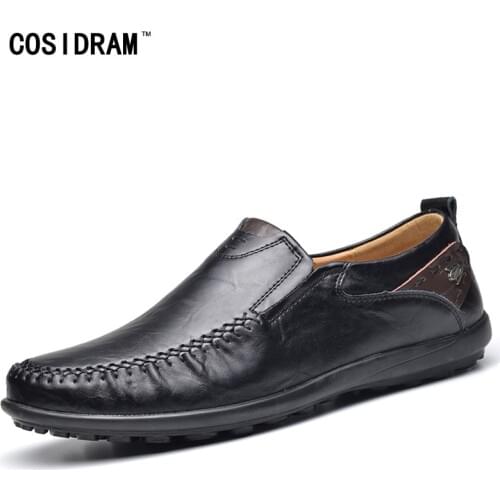 COSIDRAM Men Casual Shoes Slip on Genuine Leather Summer Fashion Comfortable Flat Shoes Plus Size Driving Shoes for Male SHB-008