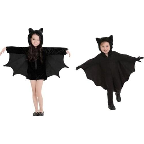 Kid Girls Black Bat Costume Halloween Hooded Jumpsuit Romper Cosplay Outfit With Wings Ears Stockings For Child Teen Girls