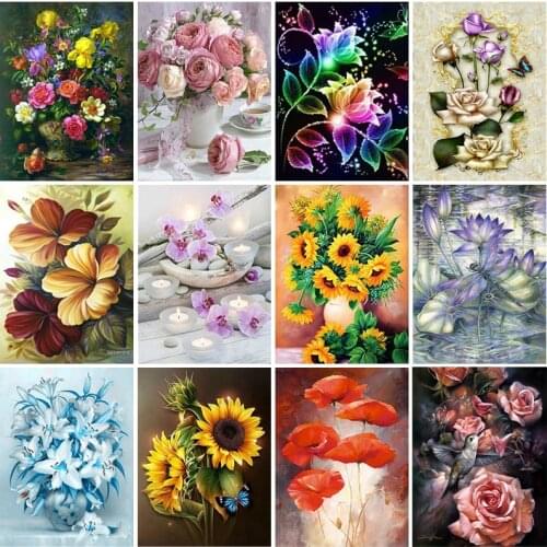 DIY 5D Diamond Painting Flower Arrangement Cross Stitch Diamond Embroidery Full Round Rhinestones Landscape Mosaic Home Decor