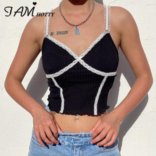 IAMHOTTY Patchwork Lace Black Solid Cute Crop Top Women Spaghetti Strap Vintage Bodycon Tops Femme Harajuku 90s Clothes Tees