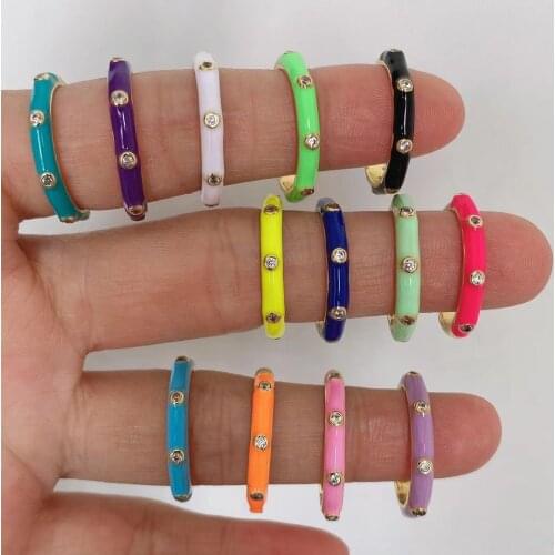 10PCS, Simple Style Enamel Ring Paved With Shiny Cubic Zircon Stone Fashion Finger Ring For Women