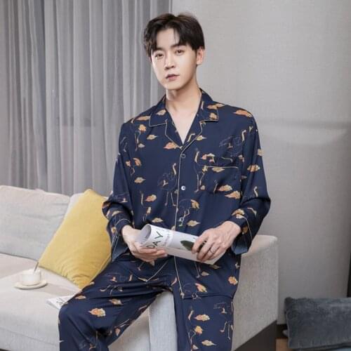 Men Pajamas Set Lapel Rayon 2PCS PJS Suits Long Sleeve Sleepwear Casual Pyjamas Plus Size 3XL Shirt&Pant Printed Home Wear Suit
