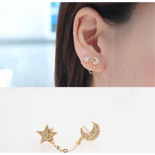 Crystals Moon Star Chain Piercing Earrings Single Ear Double Hole Fashion Jewelry Sided Ears Stuck Star Moon Earring Piercing