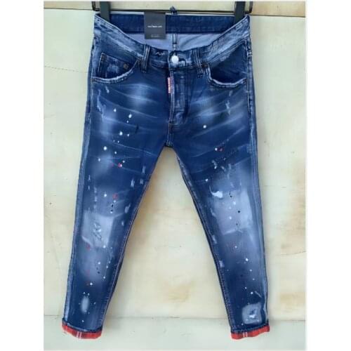 New Tattered Paint Stitching Mens Slim Stretch Jeans Light Blue Embroidered Motorcycle Pants 9112
