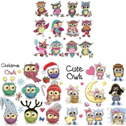 NEW Diy Cartoon Owl Sticker Patches For Boys Girls Clothes Washable Patches Non-toxic Iron On Transfer Patches Christmas Owls Pa