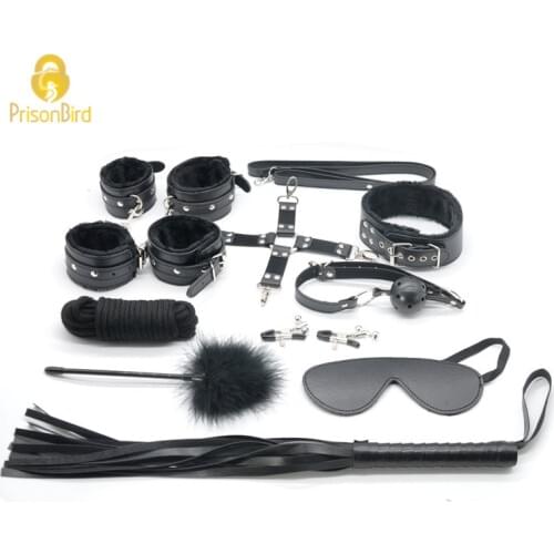 Couple Sex Games Flirt Game Queen Sex Training AV Sex Game Props 10pcs Restraints Set Kit Ball Gag Cuff Whip Collar A212