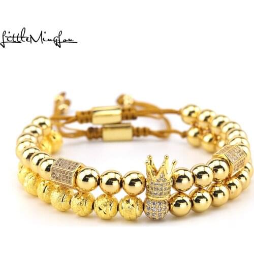 Luxury Crown Bracelets set Paved white CZ ball Charm copper bead Macrame handmade Adjustable Bracelets & Bangles for Men Jewelry